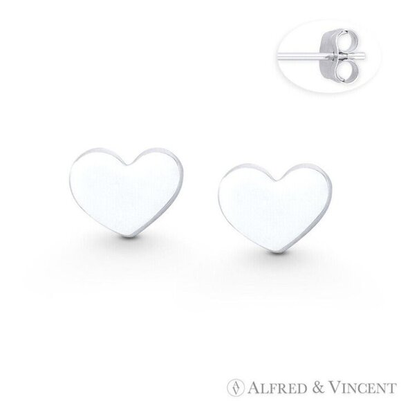 Flat Heart Love Charm Stud Earrings w/ Push-Back Posts in .925 Sterling Silver - Picture 1 of 1